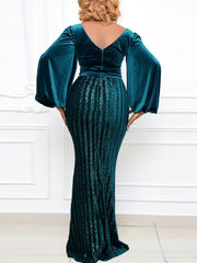 V-Neck Hollow Long Sleeve Sequin Slit Dress