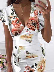 V-Neck Ruffle Slim Fit Print Dress