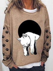 Long Sleeve Cat Printed Sweatshirt