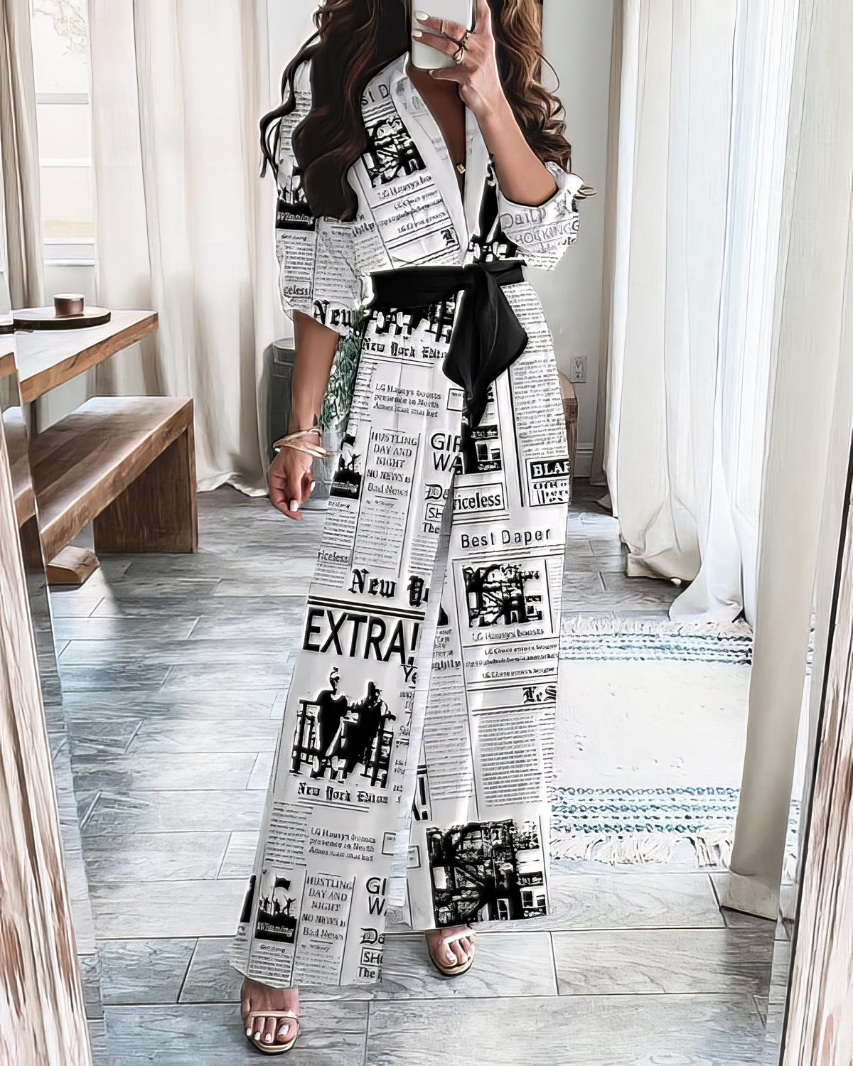 Newspaper Print Long Sleeve Belt Temperament Jumpsuit