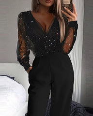 V-Neck Mesh Stitching Long Sleeve Jumpsuit