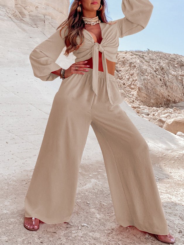 Knotted Long Sleeve Top & Wide Leg Pants Two-Piece Set