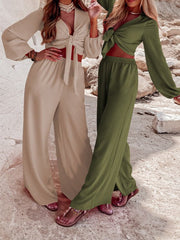 Knotted Long Sleeve Top & Wide Leg Pants Two-Piece Set