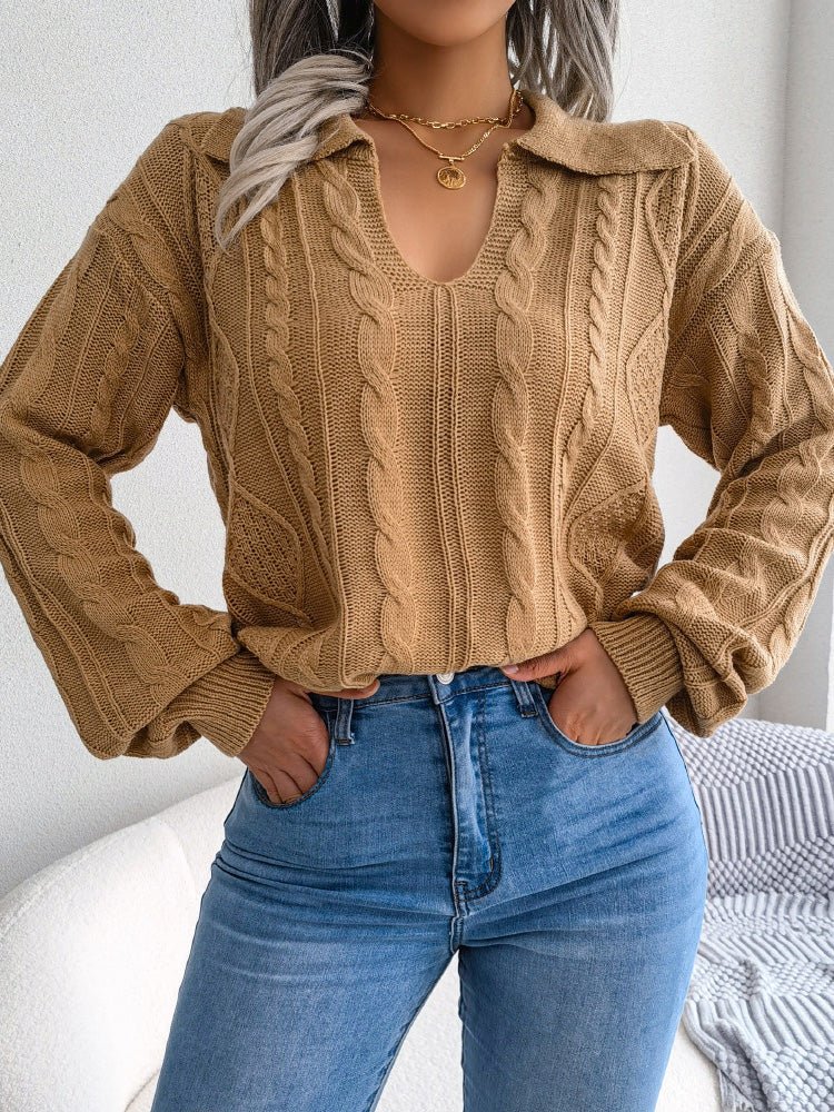 Casual Lapel Twist Long Sleeve Knit Sweater