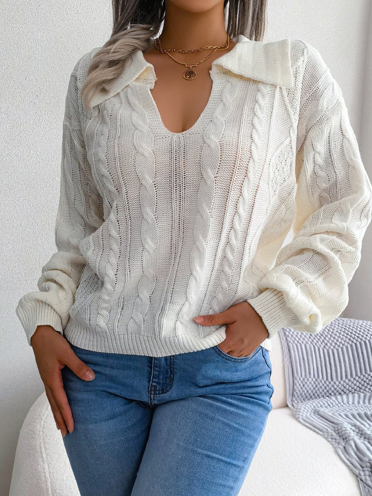 Casual Lapel Twist Long Sleeve Knit Sweater