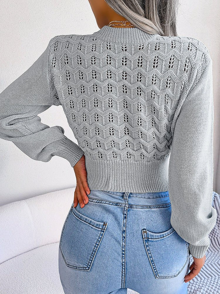 Cutout Striped Balloon Sleeve Cropped Knit Sweater