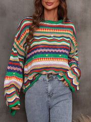 Hollow Stripe Long Sleeve Round Neck Sweater