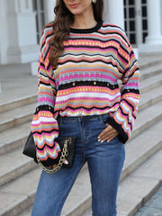 Hollow Stripe Long Sleeve Round Neck Sweater