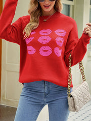 Knitted Love Lips Printed Long Sleeved Sweater