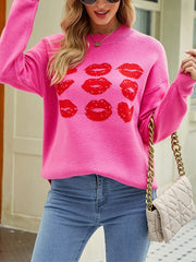 Knitted Love Lips Printed Long Sleeved Sweater