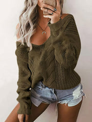 Solid V-Neck Twist Pullover Sweater