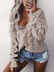 Solid V-Neck Twist Pullover Sweater