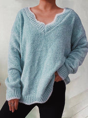 Solid Wavy Neck Long Sleeve Sweater