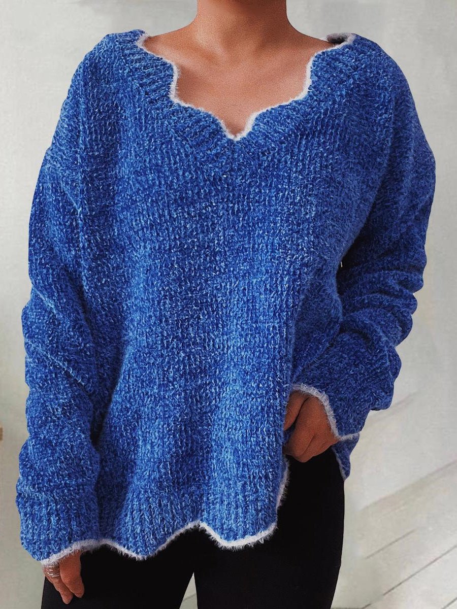 Solid Wavy Neck Long Sleeve Sweater