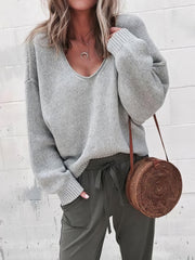 V-Neck Long Sleeve Solid Loose Knit Sweater