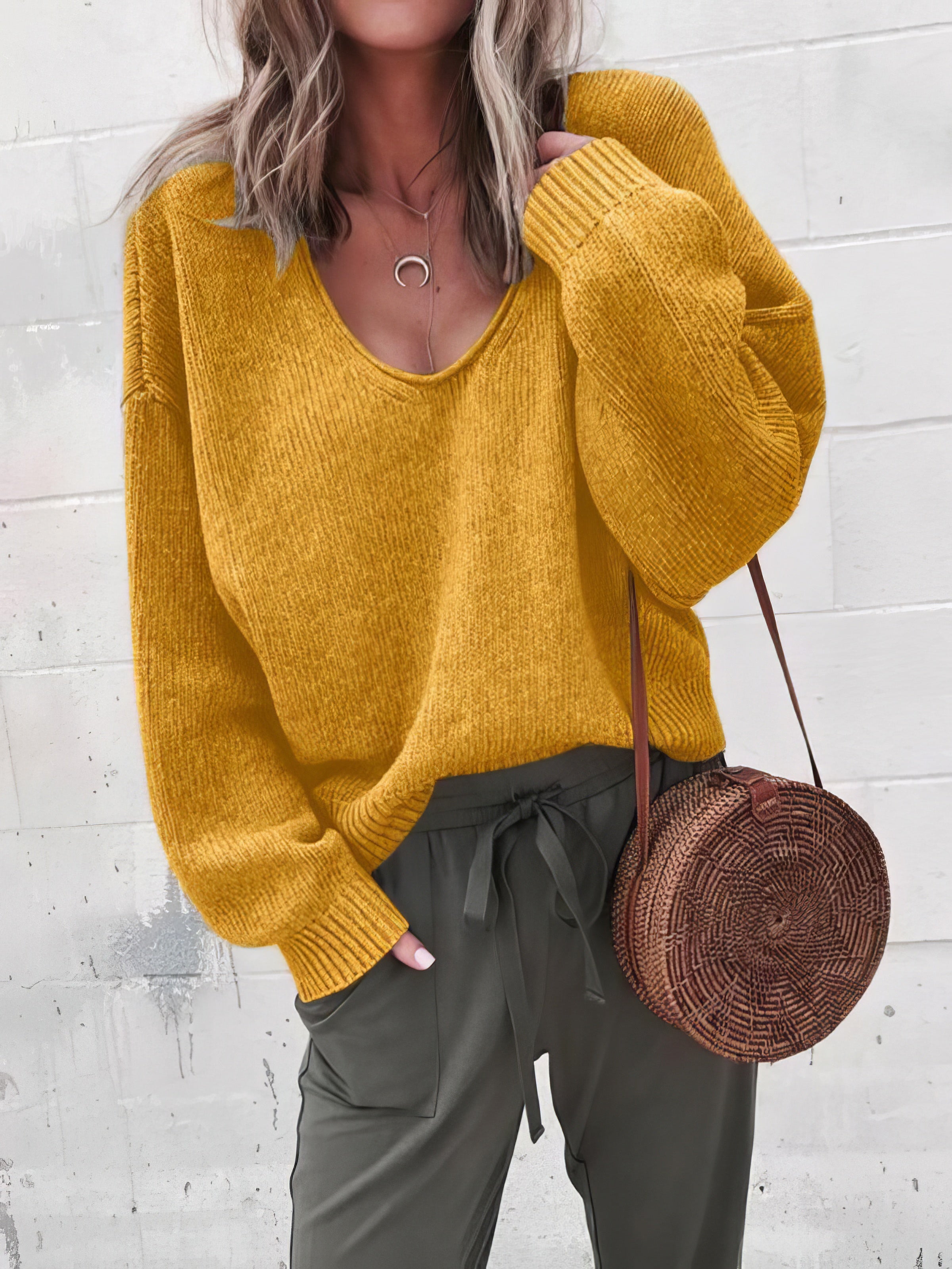 V-Neck Long Sleeve Solid Loose Knit Sweater