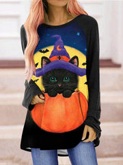 Cat Pumpkin Print Crew Neck Long Sleeve T-Shirt