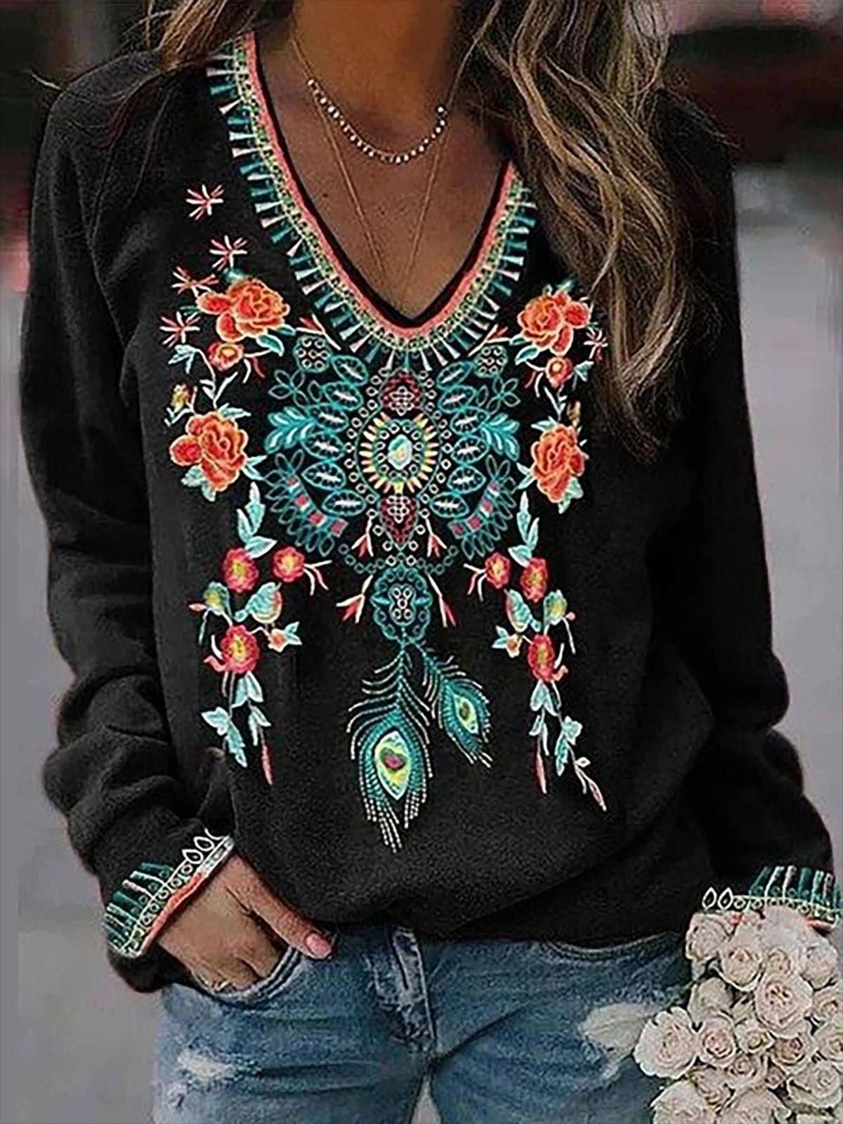 Floral Print V-Neck Long Sleeve T-Shirt