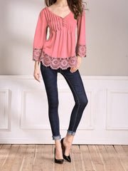 Lace Splice Cotton Nine Point Sleeve T-Shirt