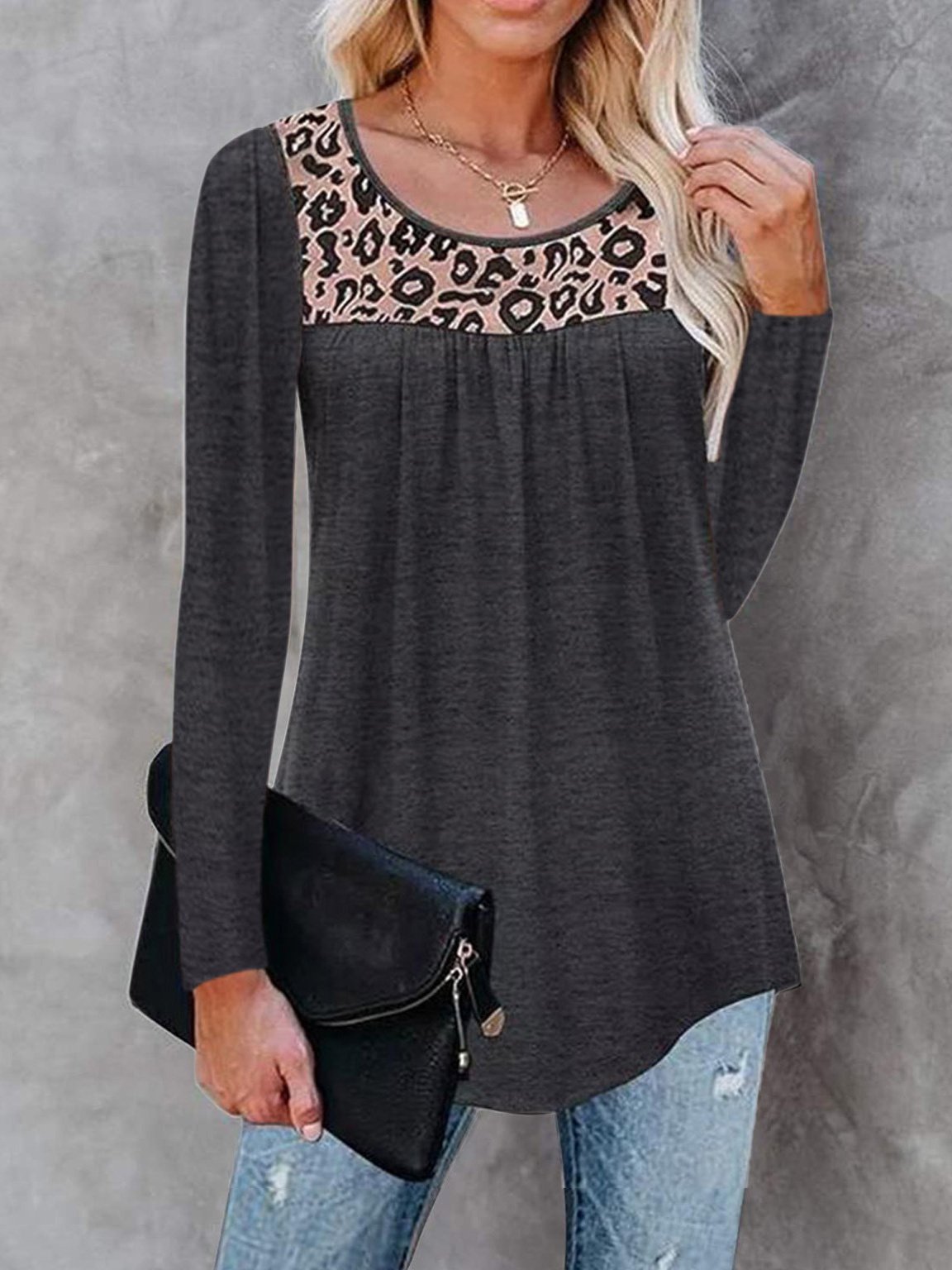 Leopard Print Round Neck Long Sleeve T-Shirt