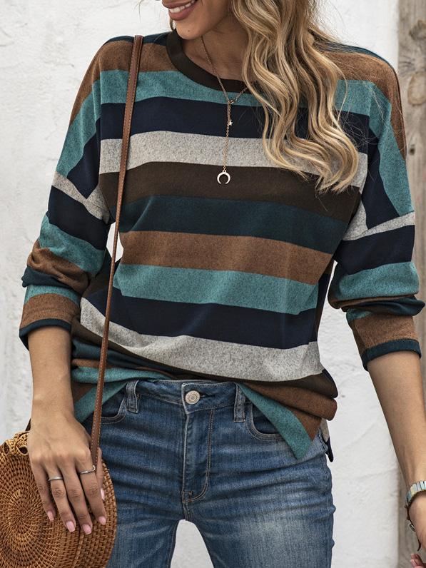 Multicolor Striped Round Neck Long Sleeve T-Shirt