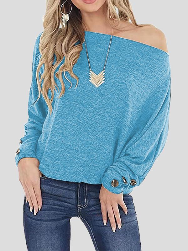 Off The Shoulder Solid Button Long Sleeve T-Shirt