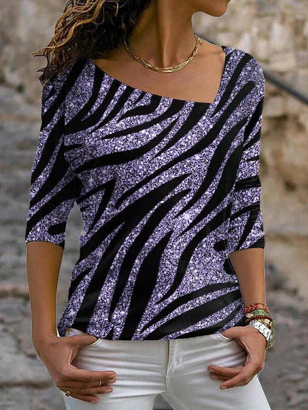 Printed Diagonal Neck Long Sleeve T-Shirt