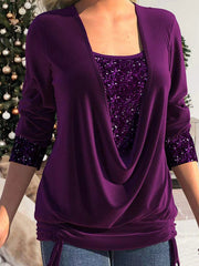 Sequin Panel Solid Long Sleeve Drop Collar Pleated T-Shirt