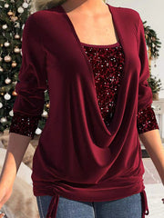 Sequin Panel Solid Long Sleeve Drop Collar Pleated T-Shirt